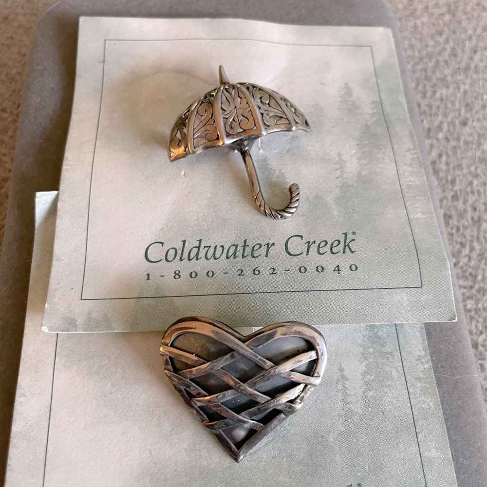 Bundle of 2 Coldwater Creek Silver Pins Umbrella and Heart Vase
